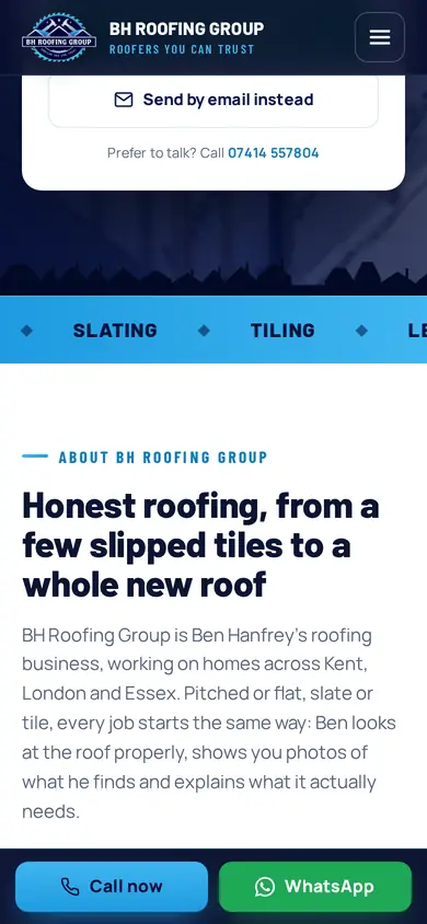 BH Roofing Group page on a phone with the sticky call and WhatsApp bar