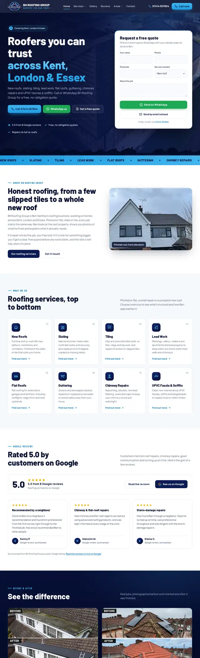 BH Roofing Group home page, full length