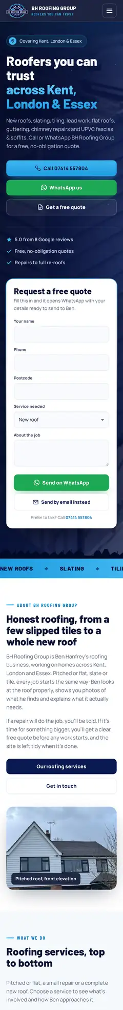 BH Roofing Group home page on a phone, full length