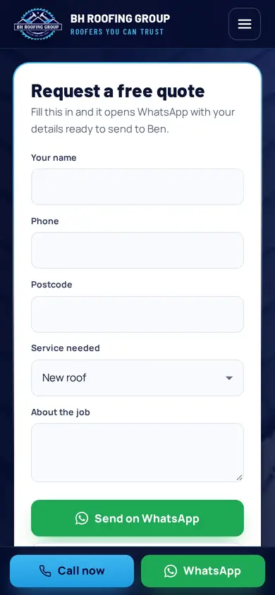 BH Roofing Group quote form that opens WhatsApp, on a phone