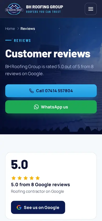 BH Roofing Group reviews on a phone