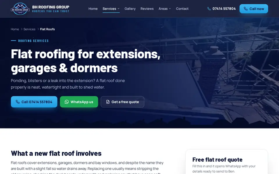 BH Roofing Group service page on a laptop