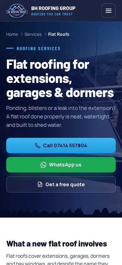 BH Roofing Group service page on a phone