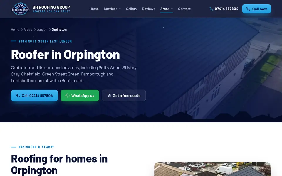 BH Roofing Group town page on a laptop