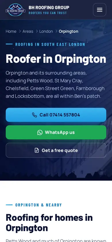 BH Roofing Group town page on a phone